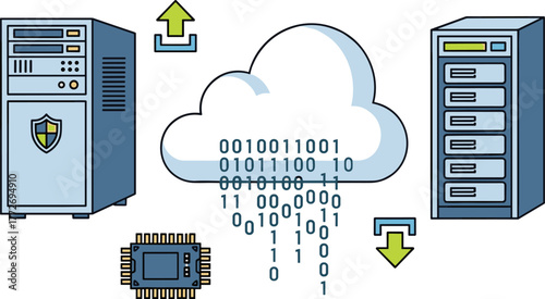 Cloud computing data transfer illustration with secure server, binary code, microchip processor, storage unit, upload download arrows, technology infrastructure, cybersecurity