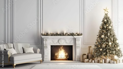 Minimalist white Scandinavian living room with burning fireplace, decorated Christmas tree, and wrapped presents, symbolizing cozy holiday home atmosphere.
