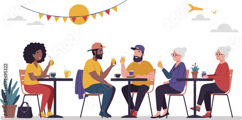 Diverse friends and family gather outdoors, enjoying refreshing drinks. A vibrant summer scene depicting social connection, relaxation, and a festive atmosphere at a sunny cafe