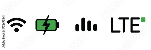 Vector icons set for wifi battery signal strength and lte connection status vector