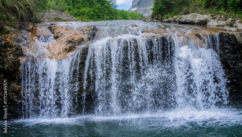 Fototapeta premium Alpine waterfall cascading down rocky terrain, summer backdrop, erosion risk