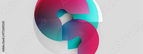 Abstract shapes overlap, creating vibrant pink, teal gradients. Soft shadows suggest depth, set against neutral background. Modern design.