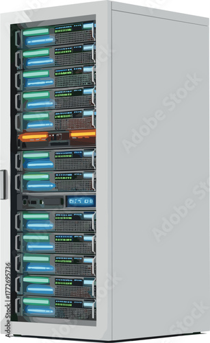 Server rack data center cabinet with multiple servers, network equipment, blinking lights, technology infrastructure, hosting, cloud computing, IT hardware