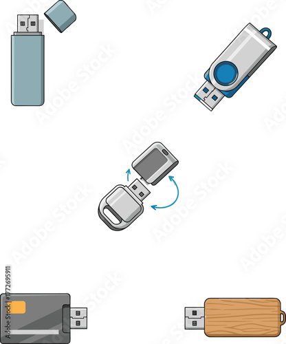 USB flash drive collection illustration with swivel design, wooden casing, credit card style, external storage, portable device, digital data transfer