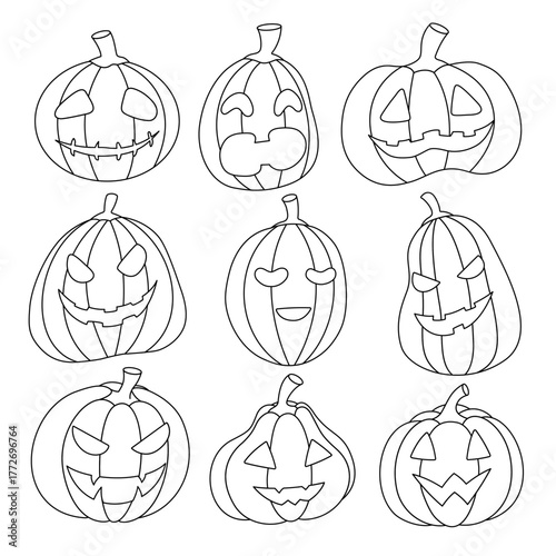 A set of nine Halloween pumpkins line art with different expressions