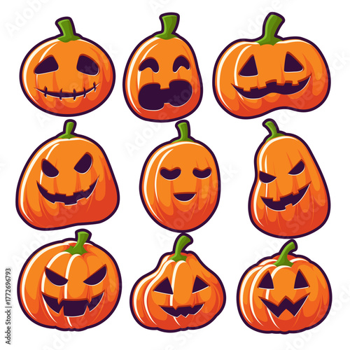 A set of nine Halloween pumpkins flat color outline with different expressions