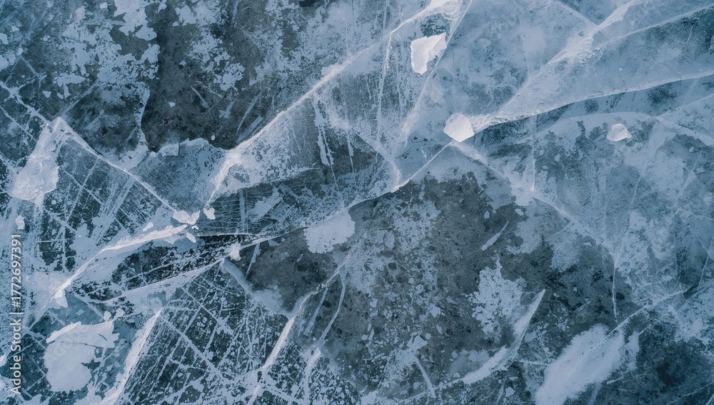 Naklejka premium Photography of early spring in rural landscape. River covered with blue and gray ice. Warming weather causes ice to crack and break. Nature's beauty concept. Aerial perspective