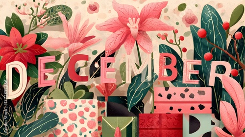 Dynamic December Holiday Illustration Featuring Blossoming Floral Arrangements, Graceful Leaf Patterns, and Charming Typography Celebrating Christmas