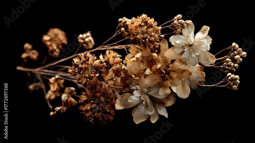 Intricate Illustration of Dry Autumn Floral Arrangement on a Transparent Cutout Background with Emphasis on Rustic Textures and Natural Hues