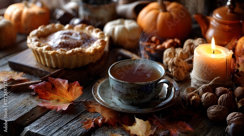 A Detailed Rustic Autumn Still Life Featuring a Steaming Cup of Tea, Apple Pie with Cinnamon, Candlelight, and Seasonal Natural Elements Arranged on a Wooden Table