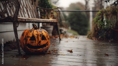 Lonely Decaying Jackolantern on a Rain-Soaked Porch with Melancholic Autumn Ambience and an Eerie, Copy-Space-Ready Banner Background