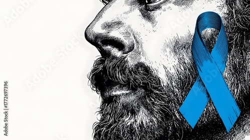 Striking Vector Art of Unshaven Facial Profile with Blue Ribbon for Prostate Cancer Awareness in No Shave November Campaign