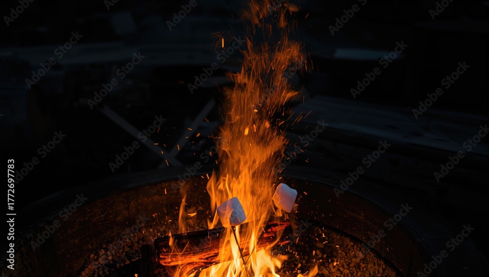 Naklejka premium Marshmallows roasting over an outdoor fire at night, ideal for cozy gatherings