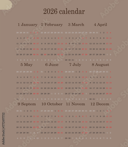 Calendar 2026, Week Starts Sunday, Design Planner Template.Business minimal modern 2026 calendar.Orange calendar grid with months and days