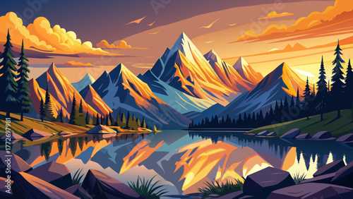 Very beautiful panoramic landscape of the Sawtooth Mountain Range in Idaho, USA, with a golden sunrise illuminating the peaks and perfect glass-like reflections on Pettit Lake, creating a serene Rocky