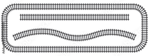 Set of railroad segments. Rail road elements top view. Train track straight and wavy lines, rectangular frame isolated on white background. Fence or ladder texture. Vector graphic illustration
