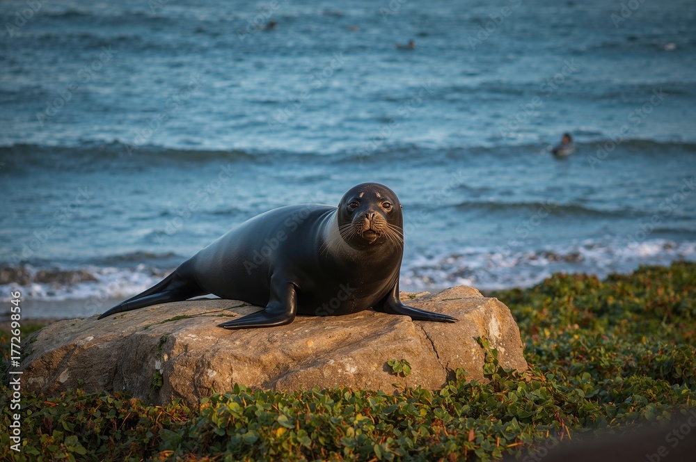 Fototapeta premium Marine mammal lounging on a coastal stone