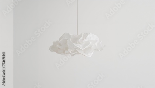 Airy paper lampshade shaped like a cloud. Contemporary chandelier in a simple room with empty space.