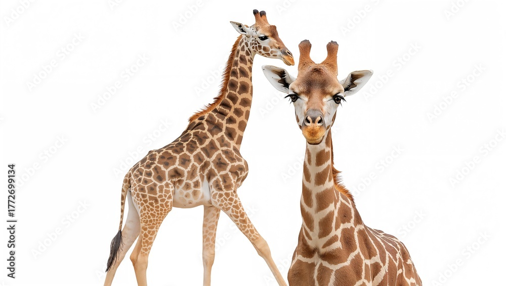 Fototapeta premium Two juvenile giraffes standing together against a white backdrop