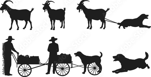 Goat dog cart silhouette vector, animal-powered transport scene, rural lifestyle illustration, black flat artwork, cad drawing flat vector illustration