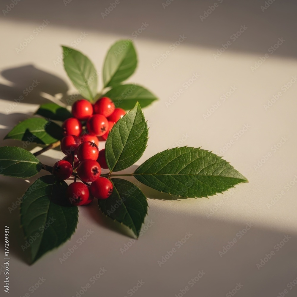 Obraz premium Vibrant red berries, green leaves, on white with sunlight shadows
