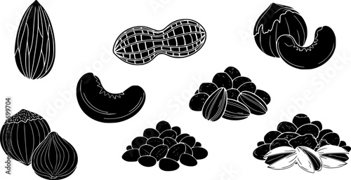 Cartoon nuts. Almond, peanut, cashew, hazelnut nuts, sunflower seed and pistachio, nut food isolated vector illustration icons set. Nuts heaps in shell on white. Organic healthy products for snack[