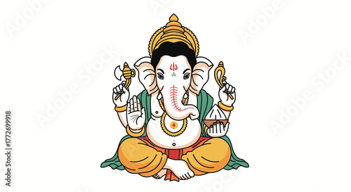 Celebrate good fortune with this charming Ganesha illustration, ideal for cultural events, spiritual promotions, and festive designs, honoring Indian tradition