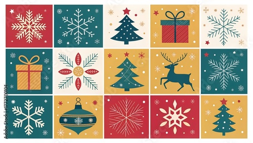 Colorful Flat Christmas Icon Set | Festive 3x3 Vector Illustration on White Background
