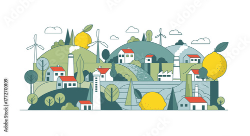 Vibrant eco-friendly landscape blending modern homes, clean energy windmills, and industrial elements with cheerful citrus fruits
