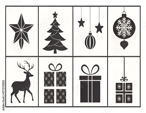 Minimalist Black Silhouette Christmas Icon Set | Modern 3x3 Vector Holiday Design