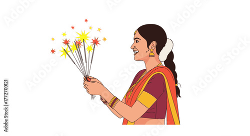 Joyful woman in traditional attire ignites sparkling fireworks, celebrating festive moments with vibrant bursts of light and happiness