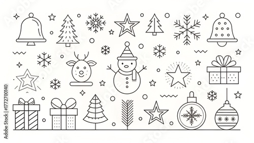 Minimal Thin-Line Christmas Icon Set | Modern Black Outline Vector Illustration for Web & App UI