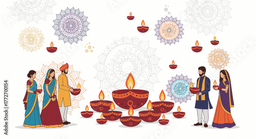 Joyful celebration of Diwali with families, vibrant diyas, and ornate mandalas, embracing tradition and cultural festivity