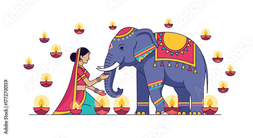 Joyful woman offers lamp to majestic elephant surrounded by glowing diyas, celebrating vibrant Indian festival traditions and cultural heritage