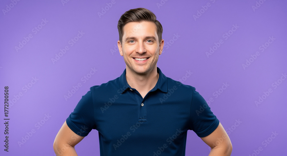 Fototapeta premium Young asian man in polo shirt smiling confidently hands on hips isolated on bright purple background