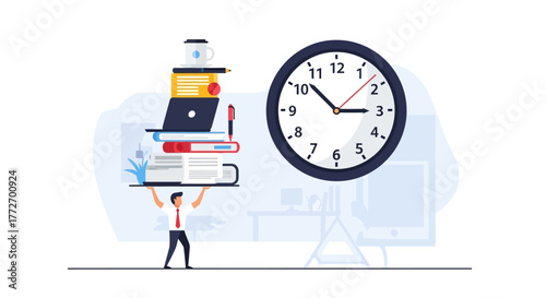Balancing Workload and Time – Productivity Concept with Clock and Office Essentials