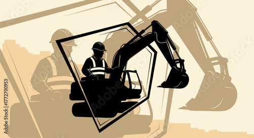 Excavator Operation Silhouette – Industrial Construction Scene with Layered Visual Effect