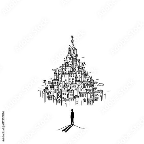 A lone figure stands before a towering city built upon itself in a black and white illustration style