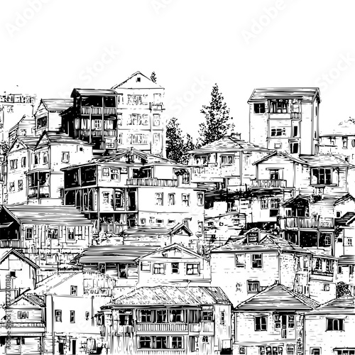 A black and white sketch of a densely packed neighborhood with houses and buildings on a hillside view