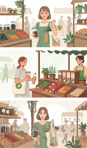 Illustrations of Women Shopping at a Farmers Market.