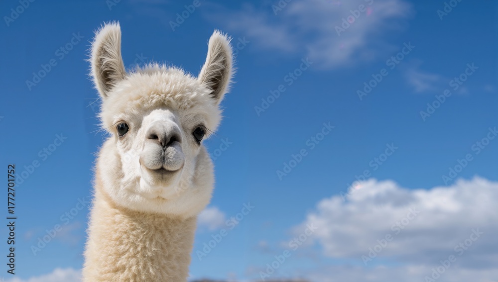 Obraz premium Alpaca standing in a white fur coat under a blue sky, showcasing the beauty of these South American animals