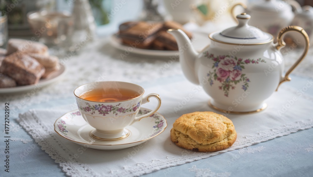 Fototapeta premium Cup of tea and scone on a table with a teapot, a fiber-dense choice