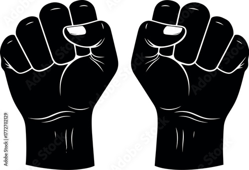 Two clenched fists are raised in a symbol of solidarity and protest.
