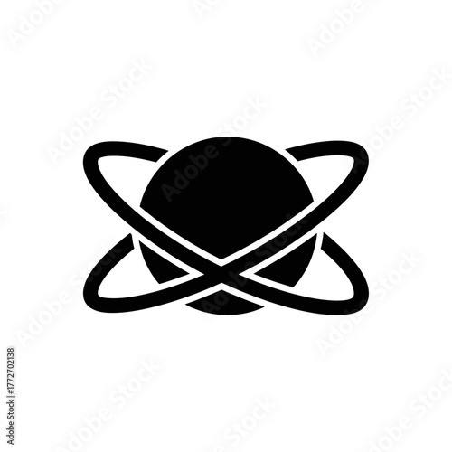 Black abstract sphere icon with two intersecting elliptical orbital rings, minimalist graphic symbol.