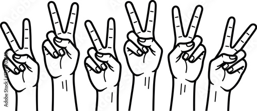 A line of hands gestures the peace sign, symbolizing unity and harmony.