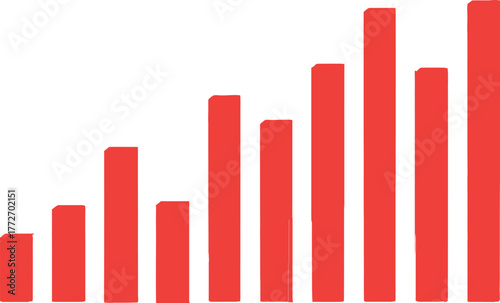 A simple red bar graph displays an upward trend with increasing height, representing positive growth and progress over time.