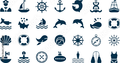 Maritime and nautical icon set. Vector glyph pictograms of ship, anchor, compass, lighthouse, dolphin, sailing, marine life, ocean travel Deep Nautical Blue silhouette illustration