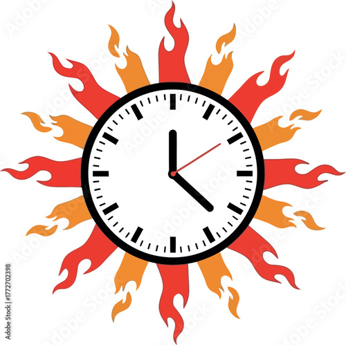 A clock face radiating heat and flames, symbolizing the urgency of time passing during a hot summer or a critical deadline.