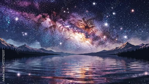 Majestic Nightscape Featuring Mountains Reflecting a Violet and Blue Milky Way in Calm Water With Dark Silhouetted Pine Trees Under a Starry Sky