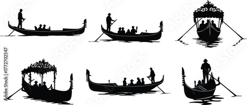 Venetian gondola silhouette vector, traditional boat transport, gondolier rowing passengers, cultural water travel art, cad drawing flat vector illustration